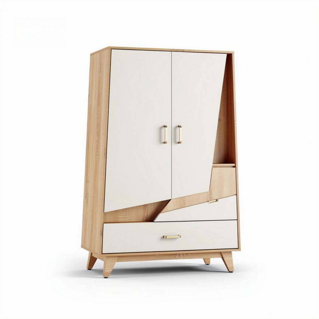 Modern minimalist wood wardrobe with two doors and one drawer 80 x 40 x 180cm