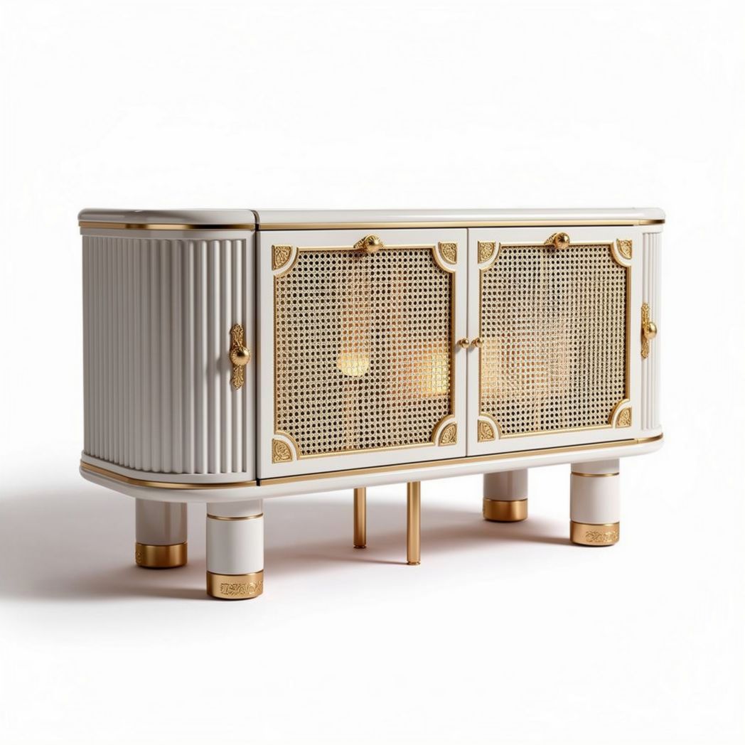 White wooden cabinet with rattan doors and gold accents 120 x 50 x 70cm