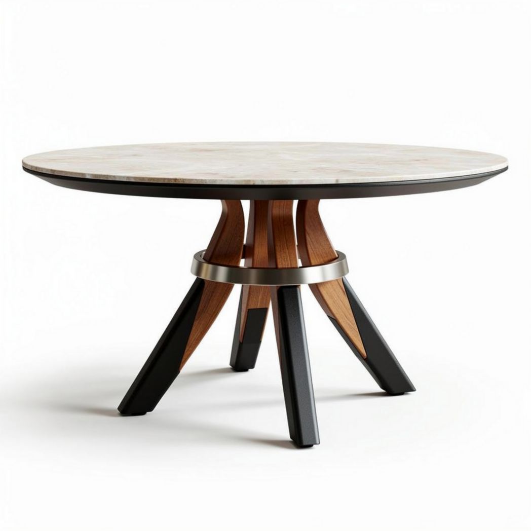 Round dining table with wooden legs and metal accents 120 x 120 x 75cm