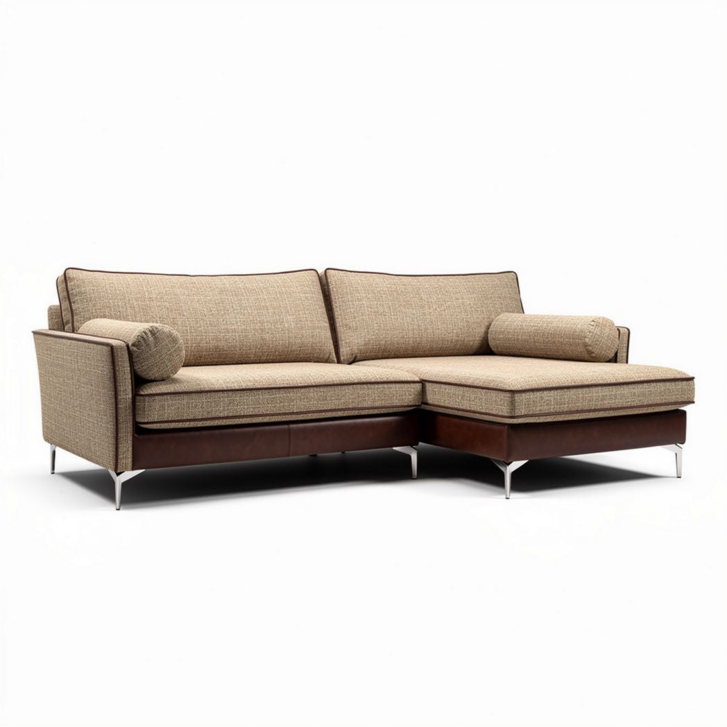 Sectional sofa with brown wooden frame and beige upholstery 220 x 90 x 80cm